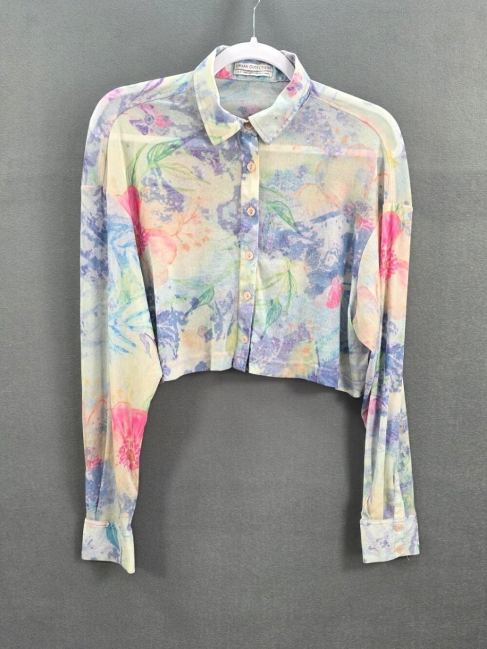 Urban Outfitters Womens S Sheer Floral Mesh Cropped Button Down Shirt
